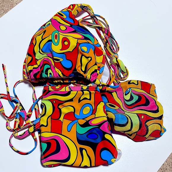 NWT (XXXL/3X) geometric colorful string bikini high leg with matching gauze wrap - Picture 6 of 12